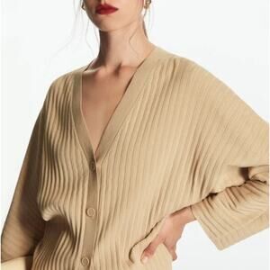 COS SZ M V-Neck Button Front Cardigan Tan Tight Knit Cotton Viscose Blend
